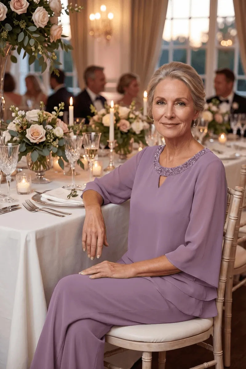 Rosemary layered chiffon trouser suit in lilac, seated at a wedding table