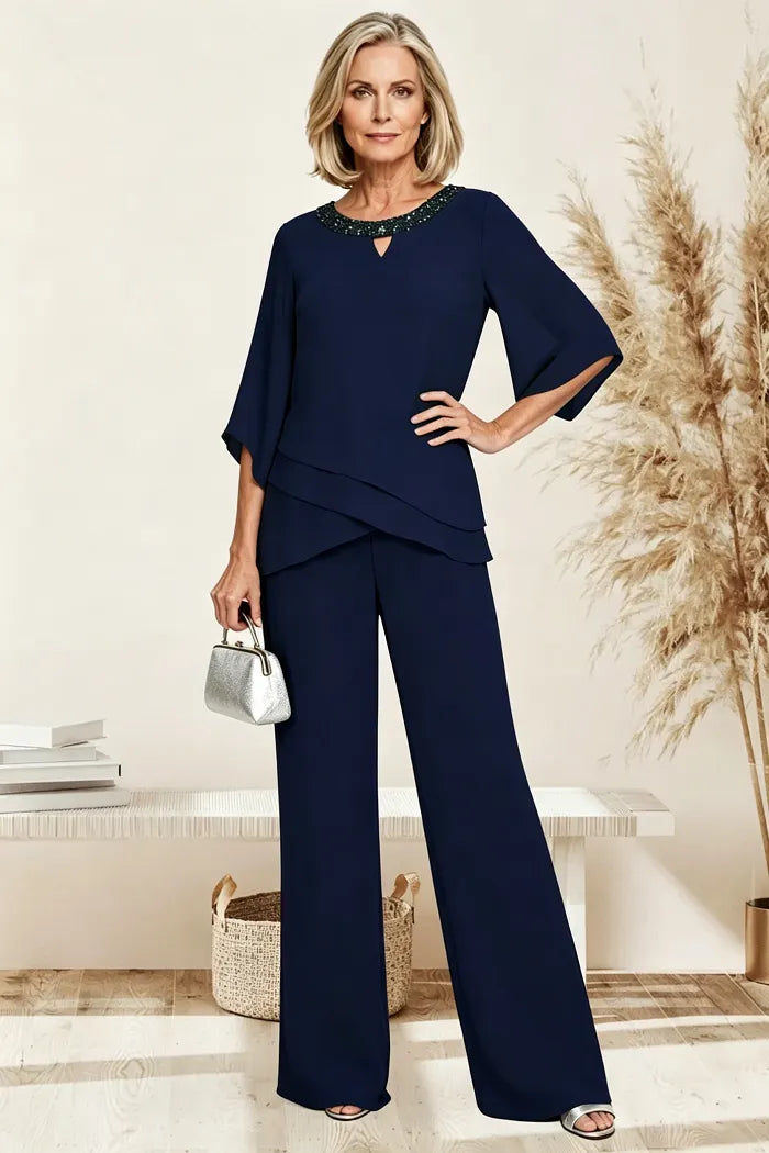 Rosemary layered chiffon trouser suit in navy, full-length front view