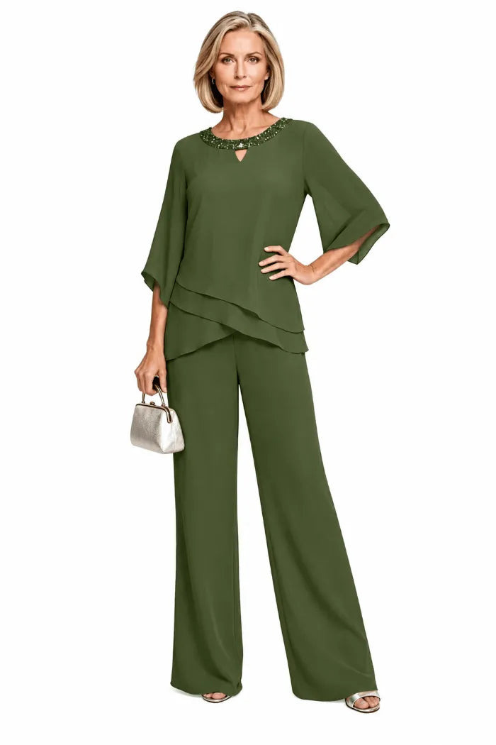 Rosemary layered chiffon trouser suit in olive green, full-length front view