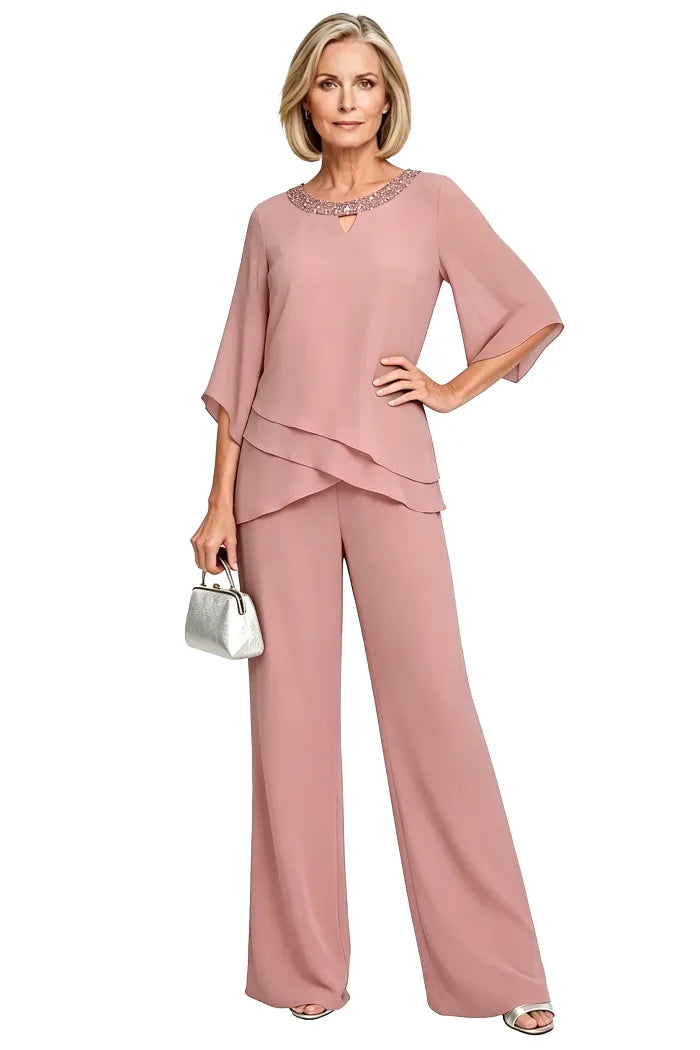 Rosemary layered chiffon trouser suit in pink, full-length front view