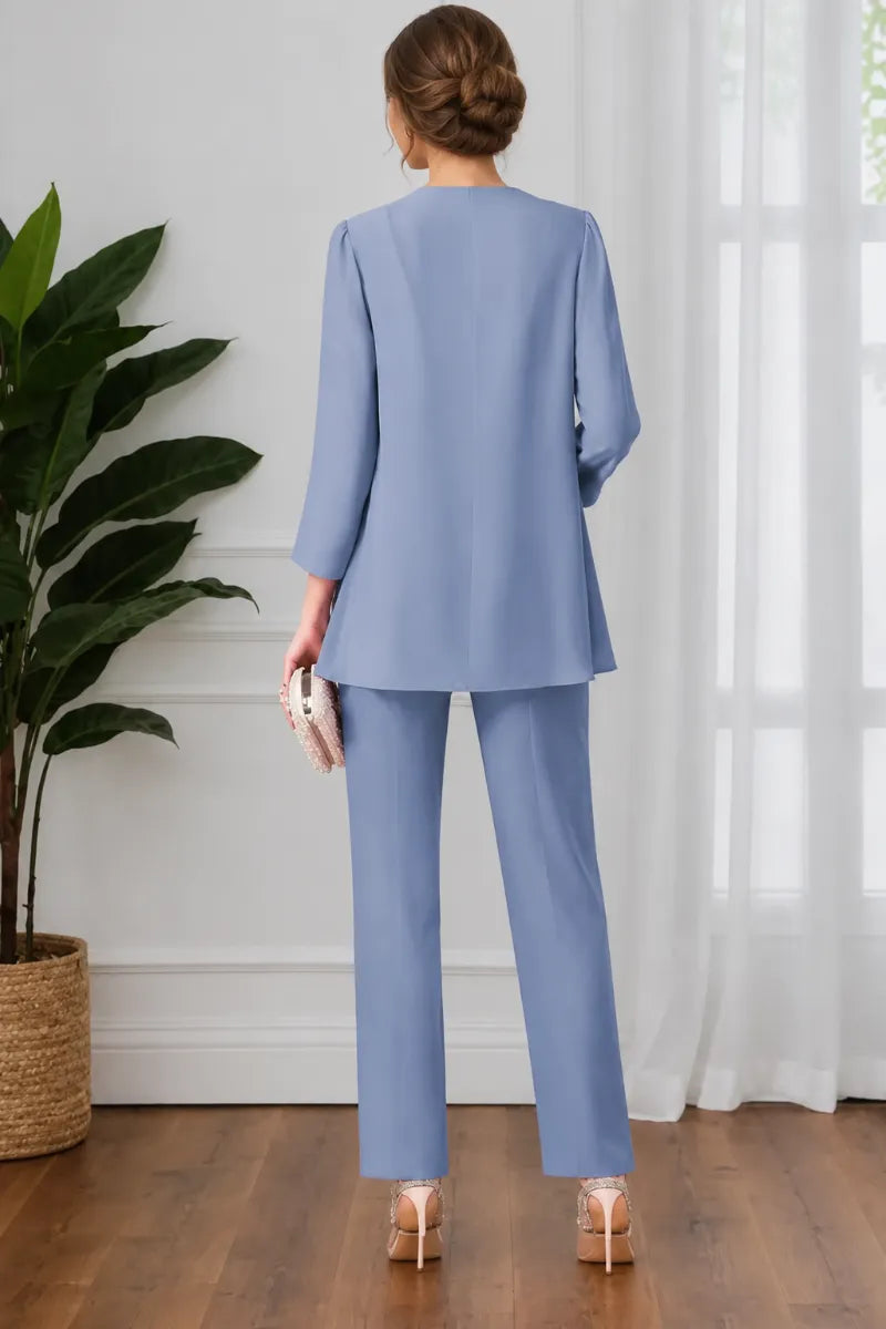 Hermione three-piece lace trouser suit in steel blue, back view of jacket and trousers