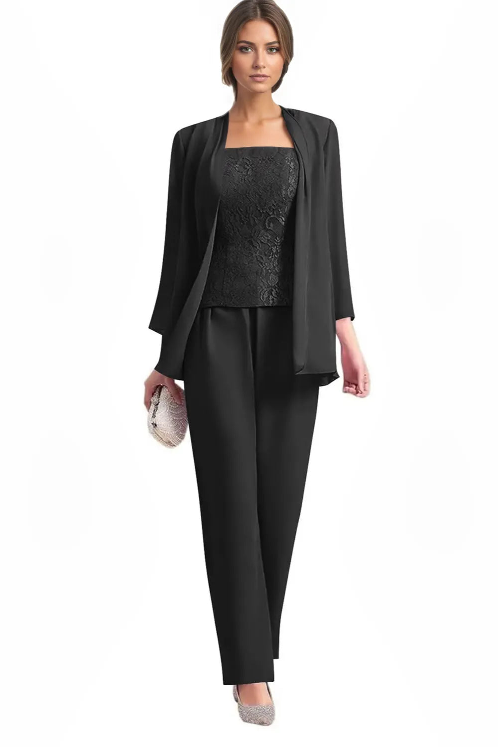 Hermione three-piece lace trouser suit in black, full-length front view