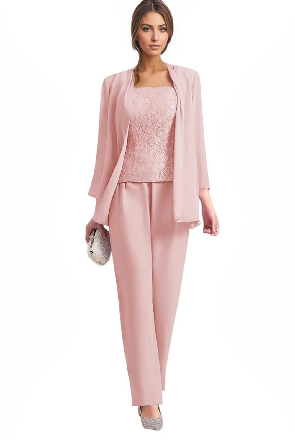 Hermione three-piece lace trouser suit in pink, full-length front view
