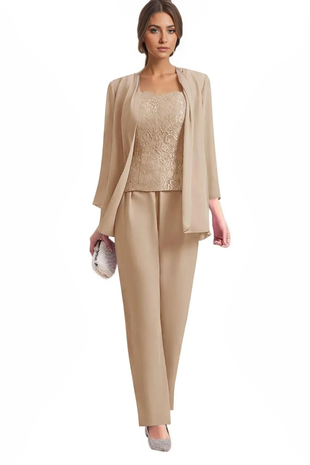 Hermione three-piece lace trouser suit in champagne, full-length front view
