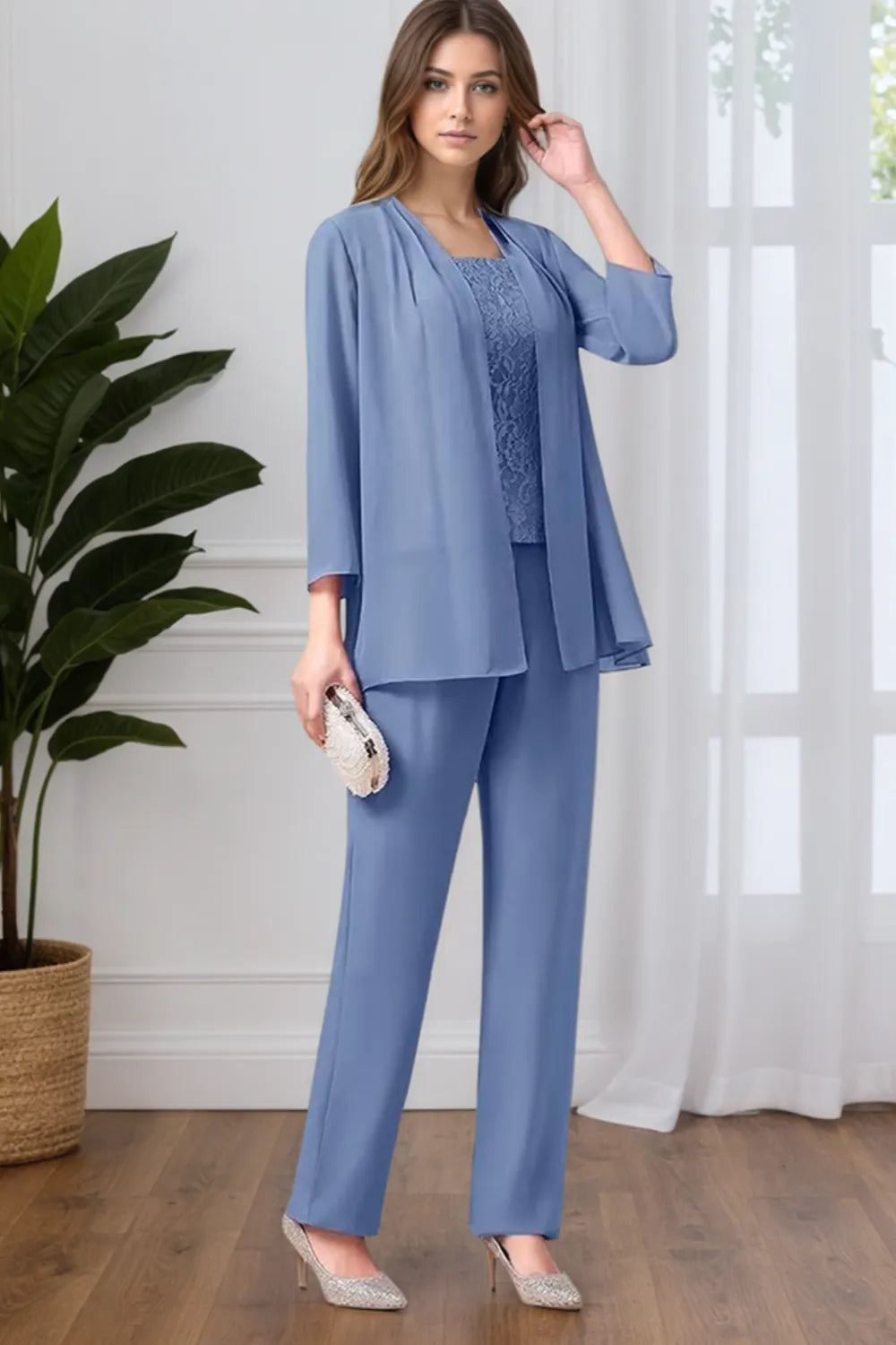 Hermione three-piece lace trouser suit in steel blue, full-length front view