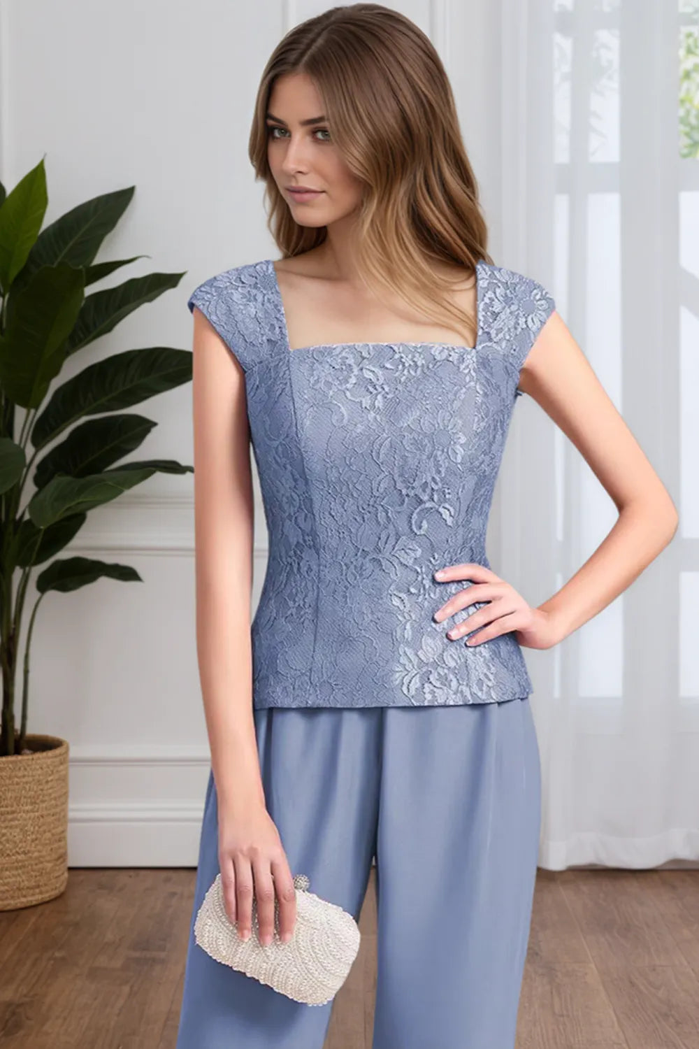 Hermione lace top in steel blue, close-up of square neckline and cap sleeves
