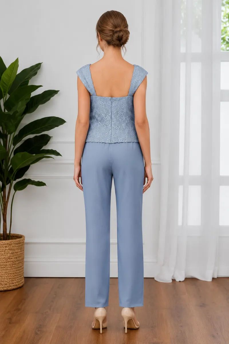Hermione lace top and trousers in steel blue, back view showing zip