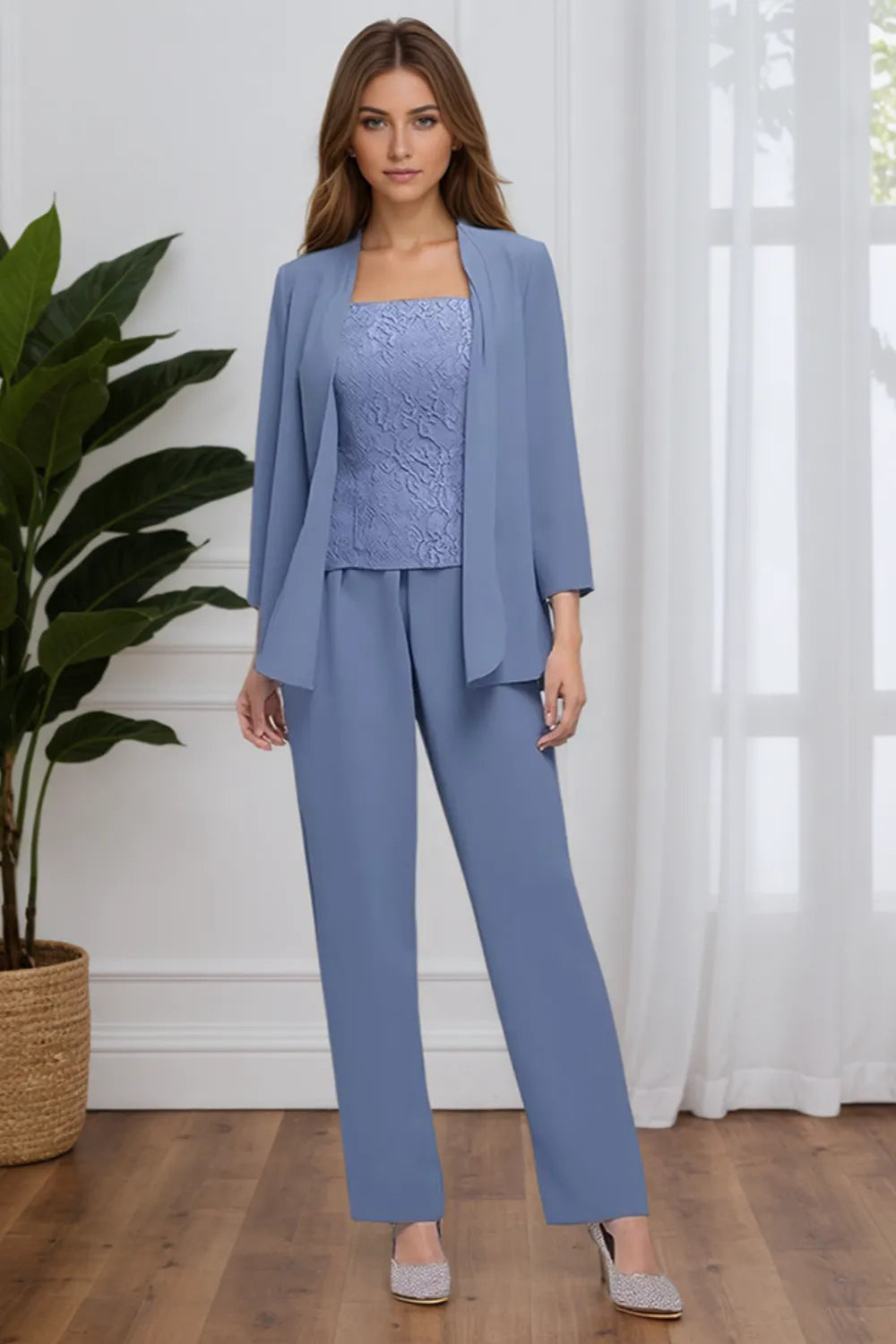 Hermione three-piece lace trouser suit in steel blue, front view with open jacket
