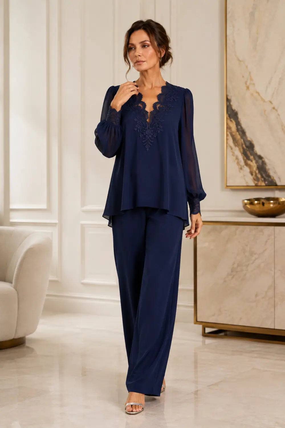 Veronica chiffon V-neck trouser suit in navy, three-quarter view with balloon sleeves