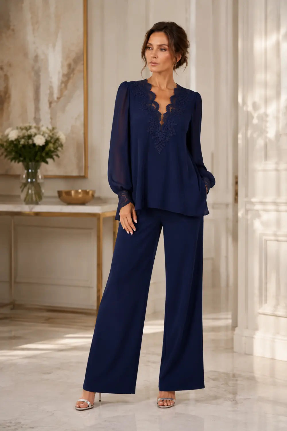 Veronica chiffon V-neck trouser suit in navy, front view with lace cuffs