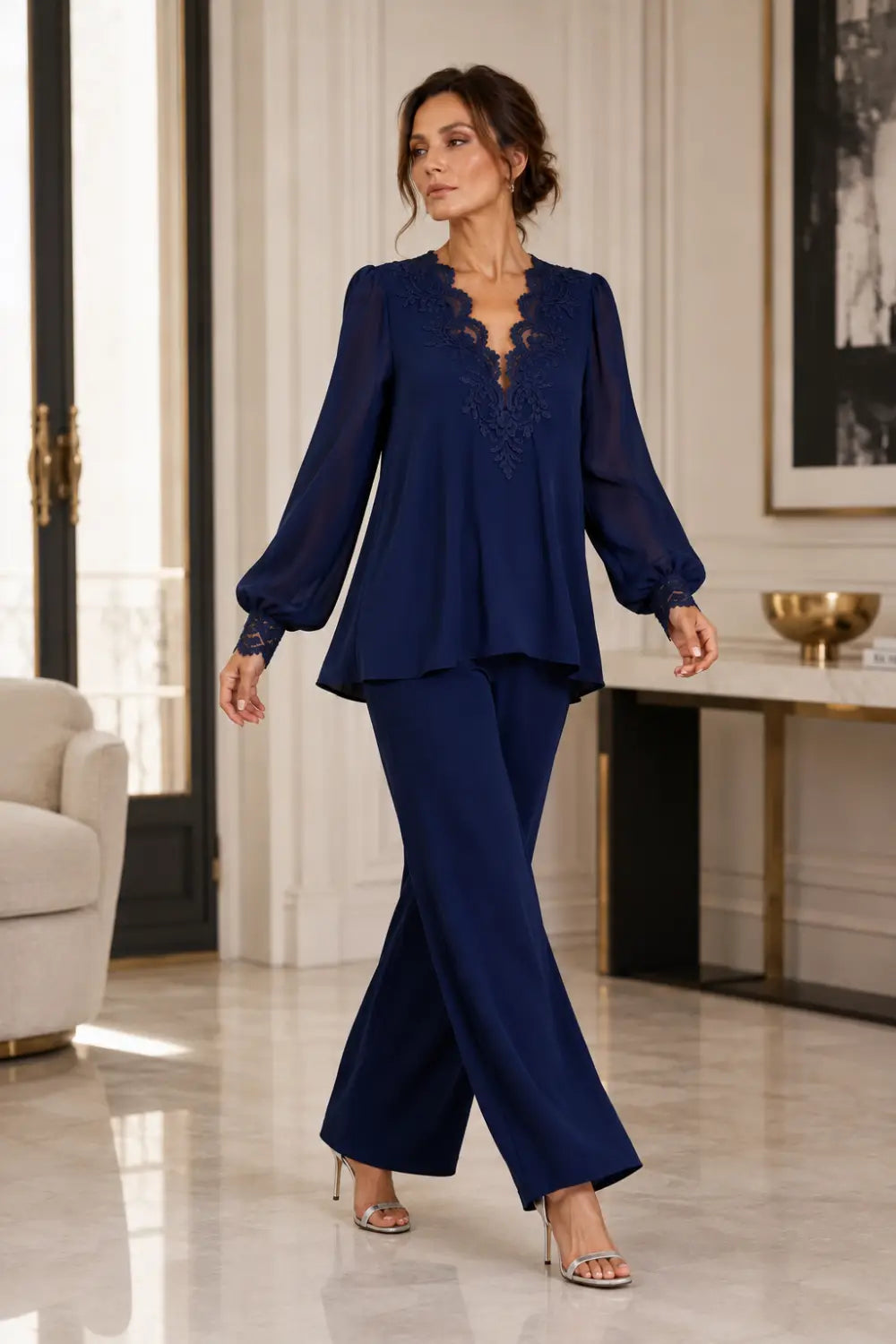 Veronica chiffon V-neck trouser suit in navy, full-length walking view