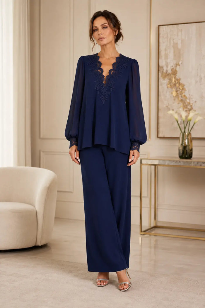 Veronica chiffon V-neck trouser suit in navy, full-length front view