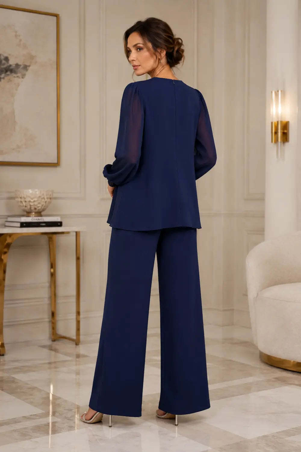 Veronica chiffon V-neck trouser suit in navy, full-length back view