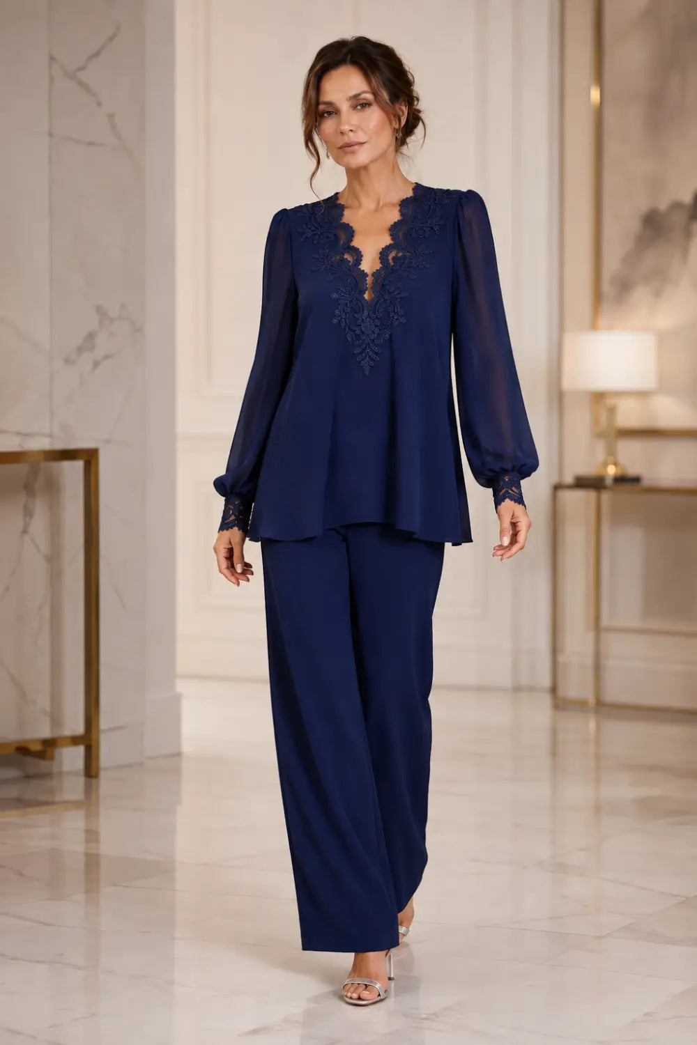 Veronica chiffon V-neck trouser suit in navy, front view showing lace-edged neckline