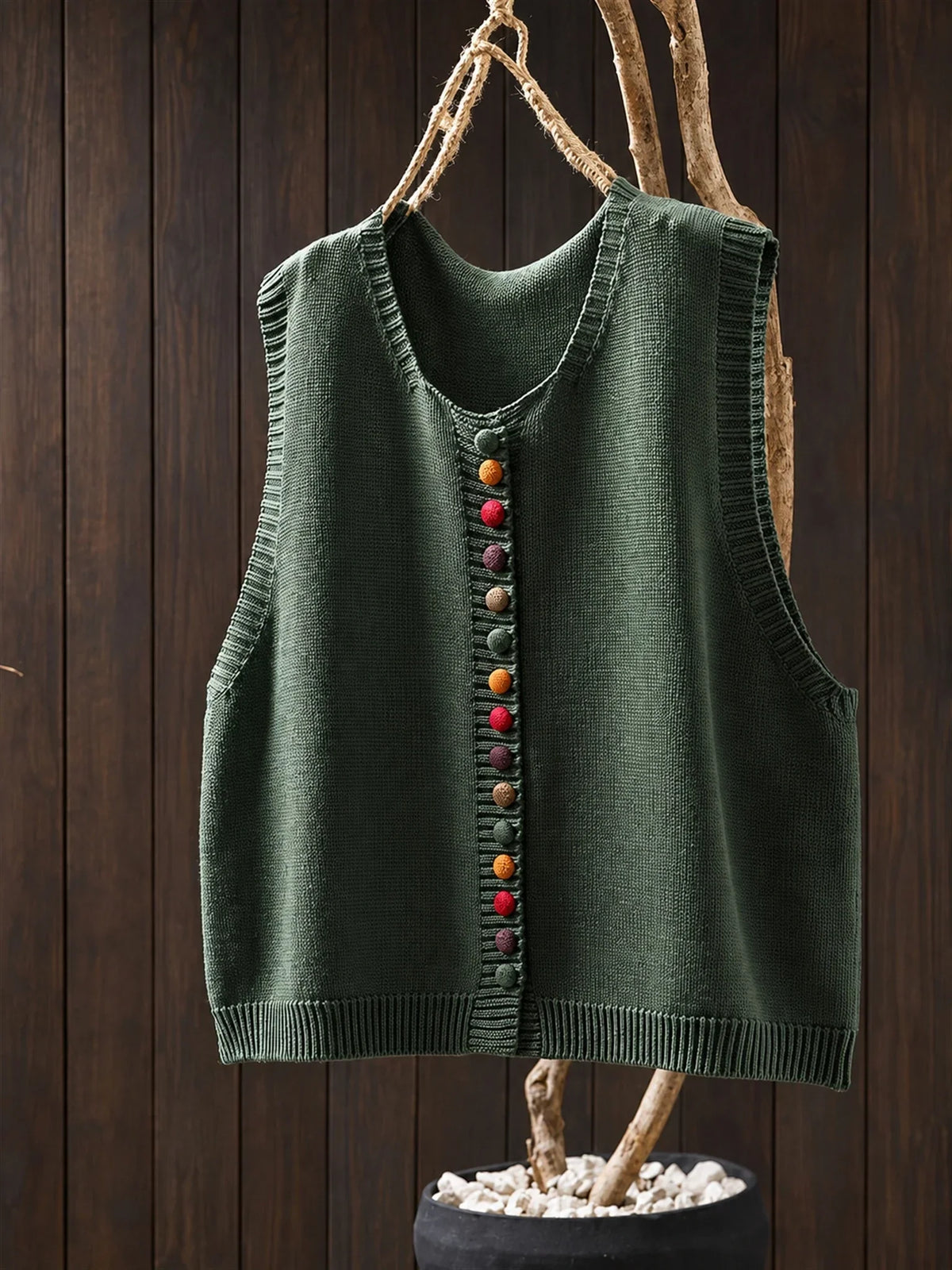 Gilda knitted waistcoat in green, front view