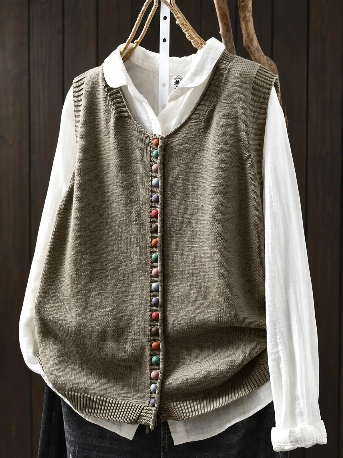 Gilda knitted waistcoat in khaki, front view