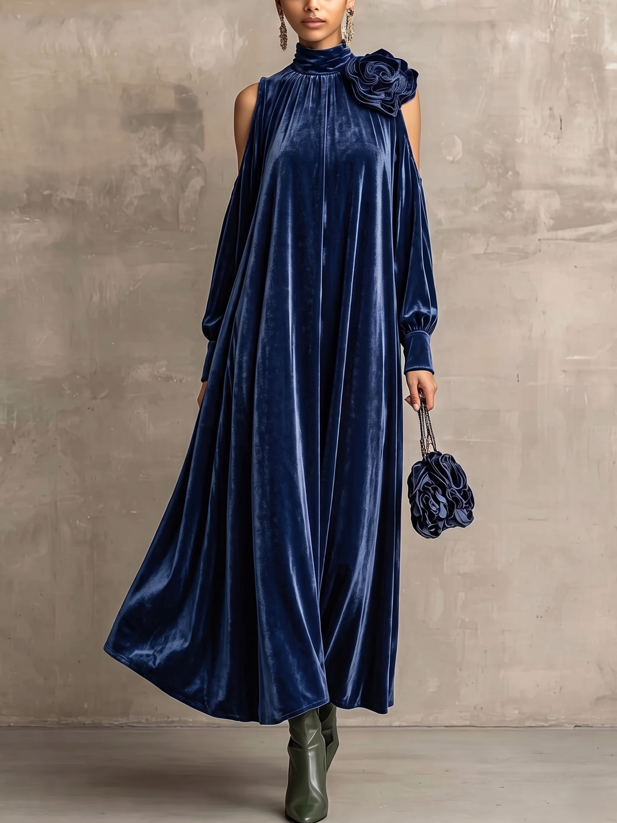 Rosetta velvet maxi dress in blue, front view
