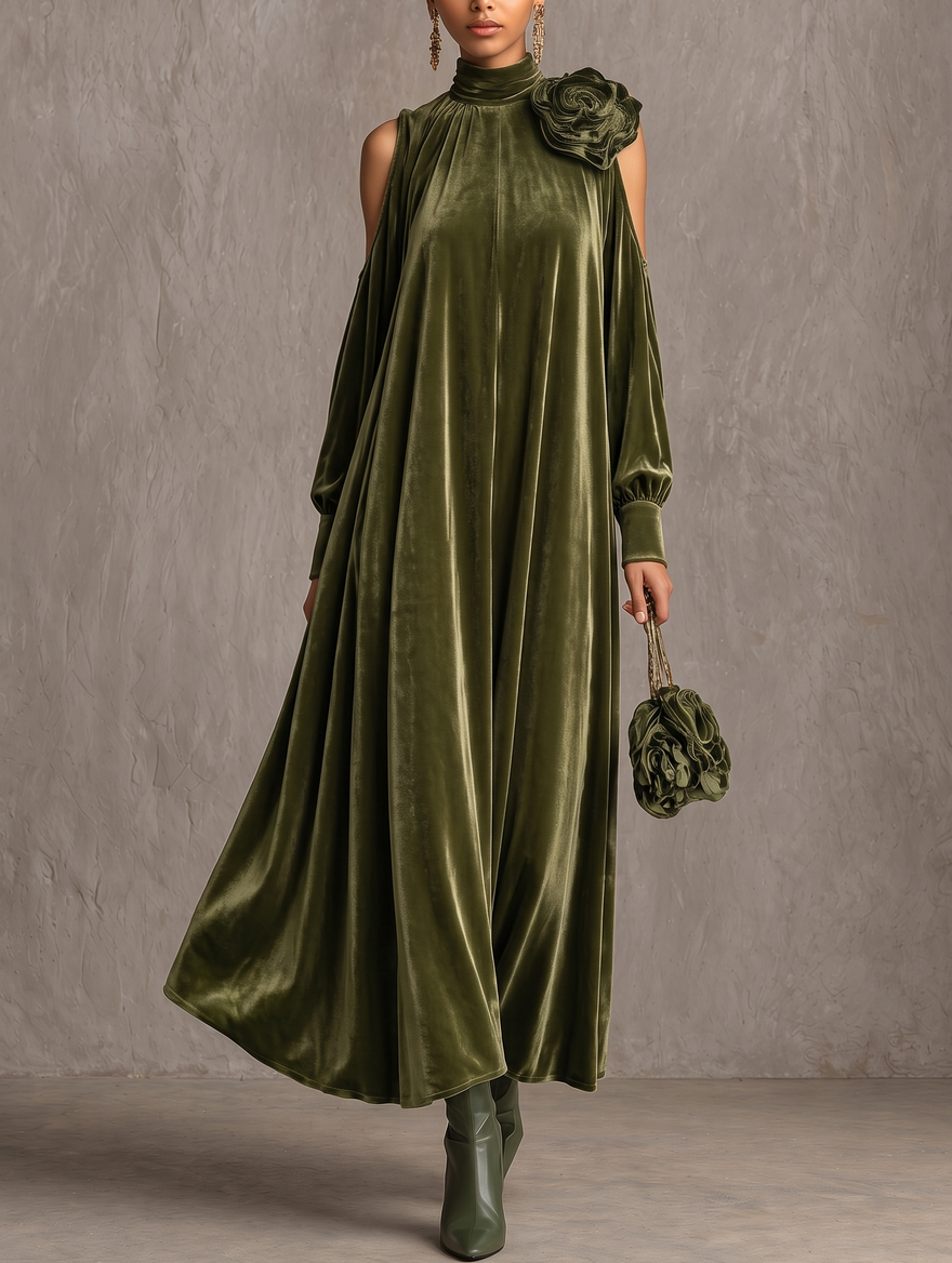 Rosetta velvet maxi dress in green, full-length front view