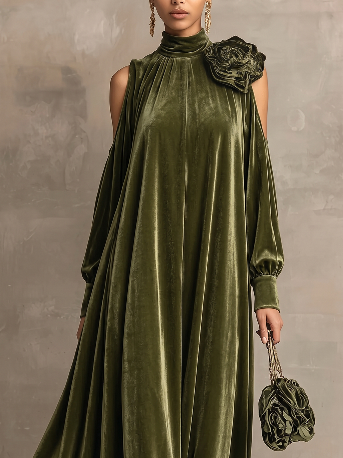 Rosetta velvet maxi dress in green, rosette shoulder detail
