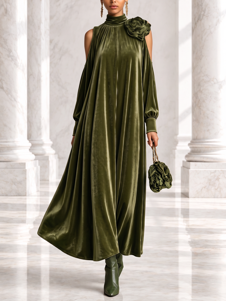 Rosetta velvet maxi dress in green, front view