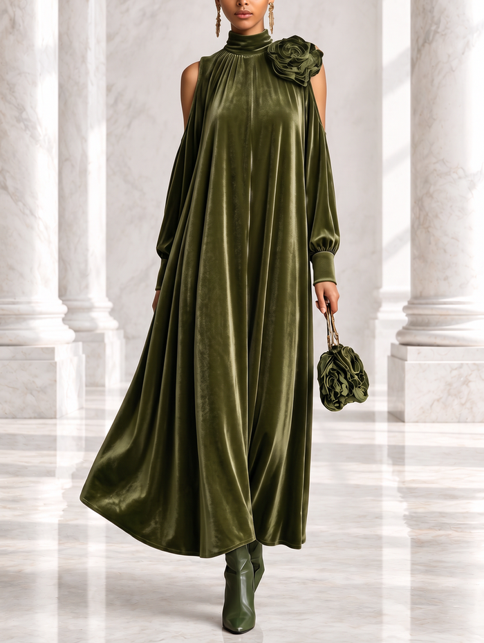 Rosetta velvet maxi dress in green, front view
