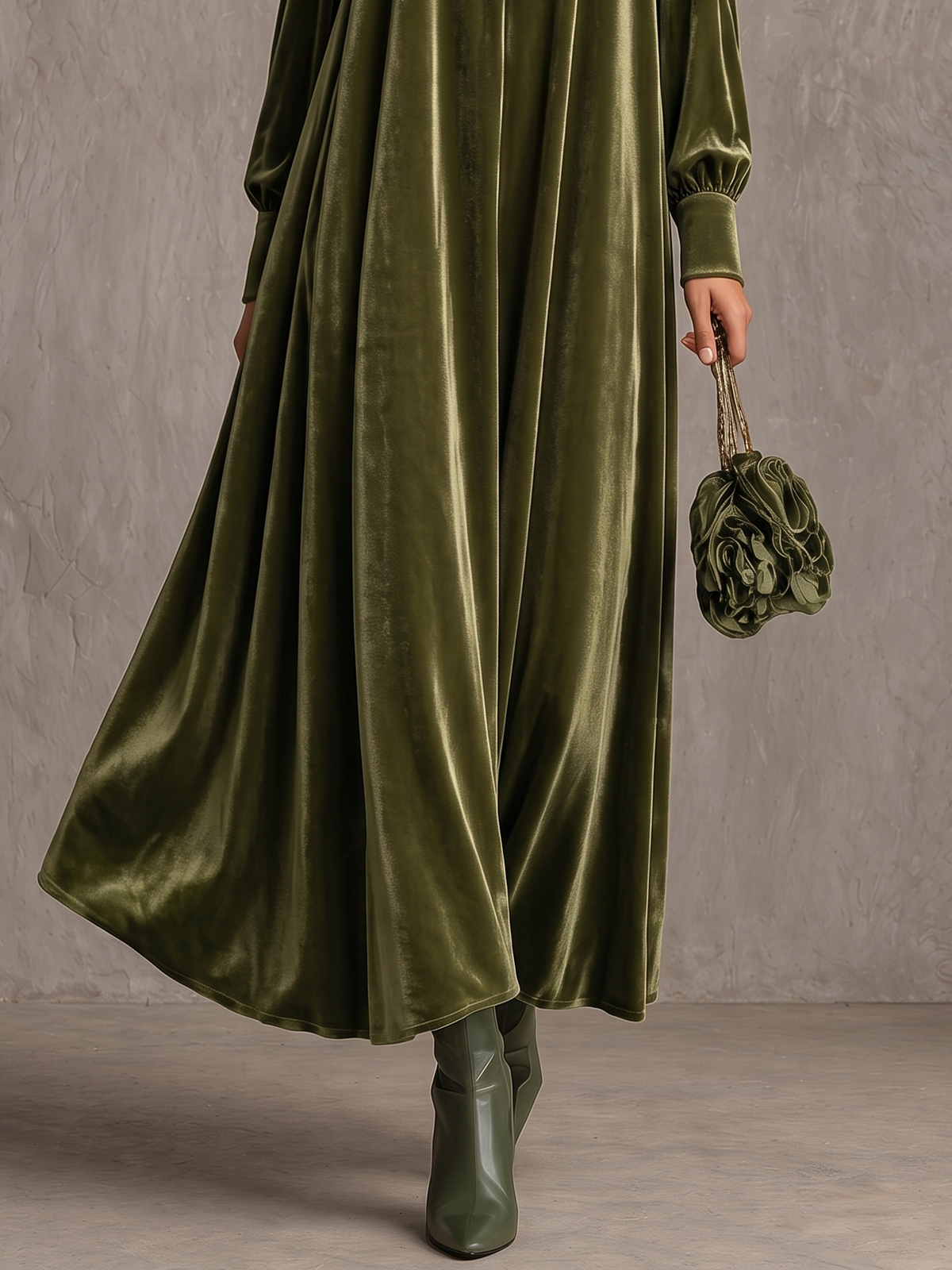 Rosetta velvet maxi dress in green, skirt detail