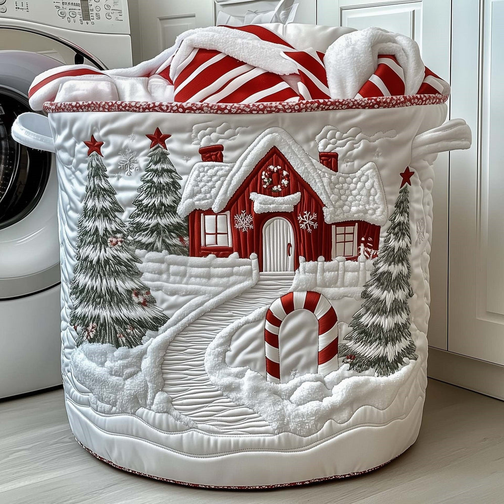 Laura hand-quilted laundry basket with a red snowy cottage and candy cane path, front view