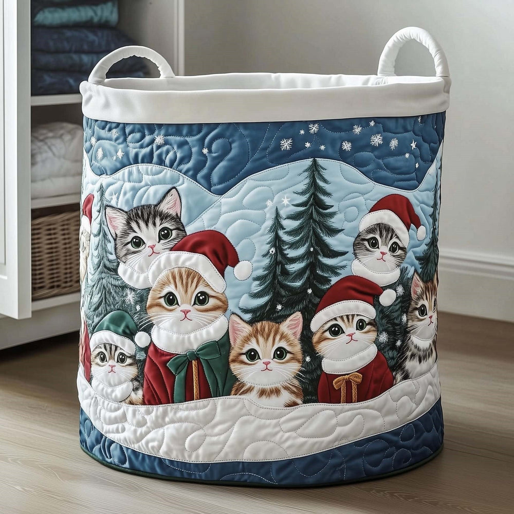 Giuseppina hand-quilted laundry basket with kittens in Santa hats among snowy pine trees, front view