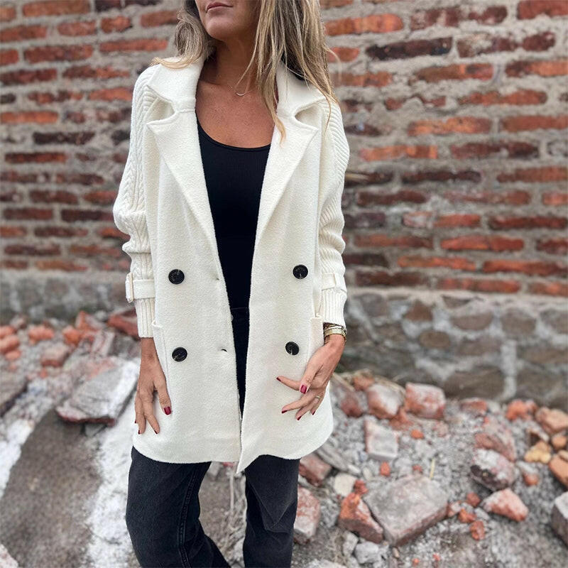 Honora double-breasted knit-sleeve coat in white, front view with wide lapels