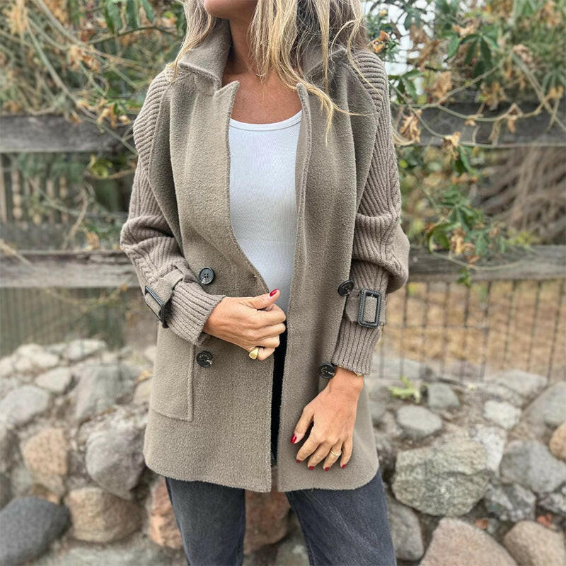 Honora double-breasted knit-sleeve coat in sage grey, front view with cable-knit sleeves