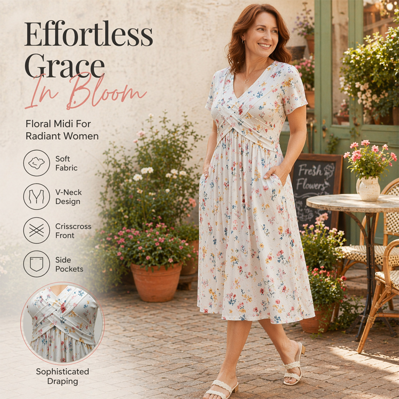 ELVIE - FLORAL V-NECK TWIST-WAIST DRESS