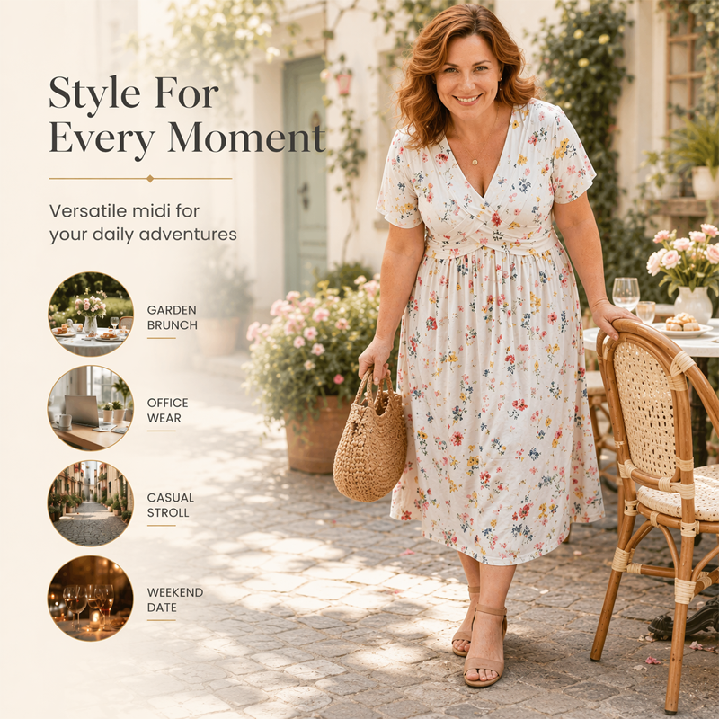ELVIE - FLORAL V-NECK TWIST-WAIST DRESS