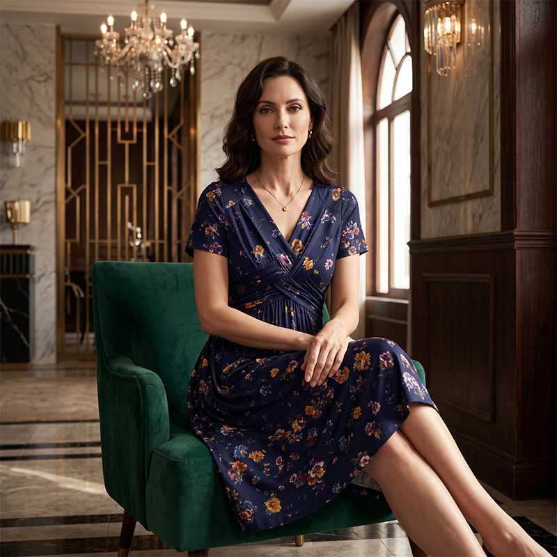 ELVIE - FLORAL V-NECK TWIST-WAIST DRESS