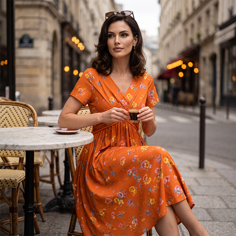 ELVIE - FLORAL V-NECK TWIST-WAIST DRESS