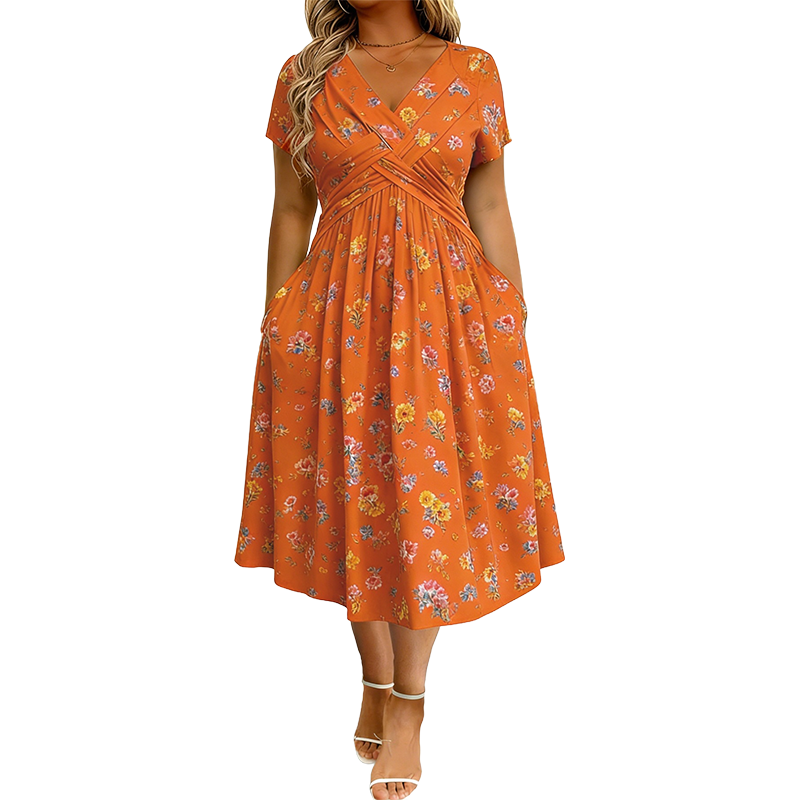 ELVIE - FLORAL V-NECK TWIST-WAIST DRESS