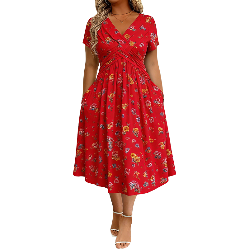 ELVIE - FLORAL V-NECK TWIST-WAIST DRESS