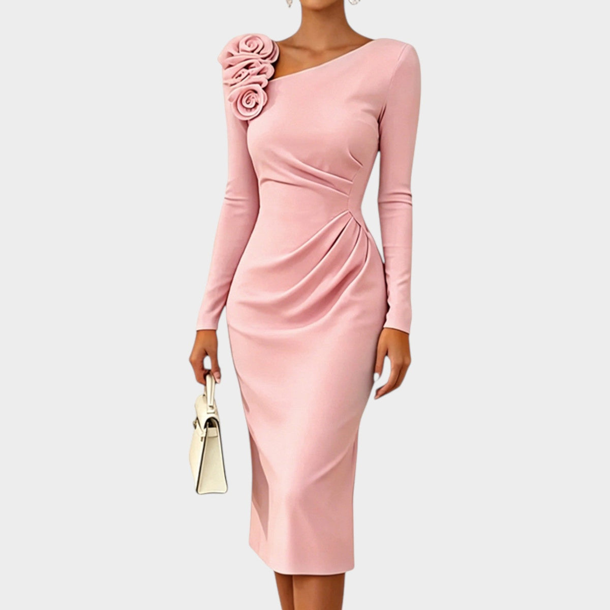Glenys ruched midi dress with 3D rose detail in pink, front view