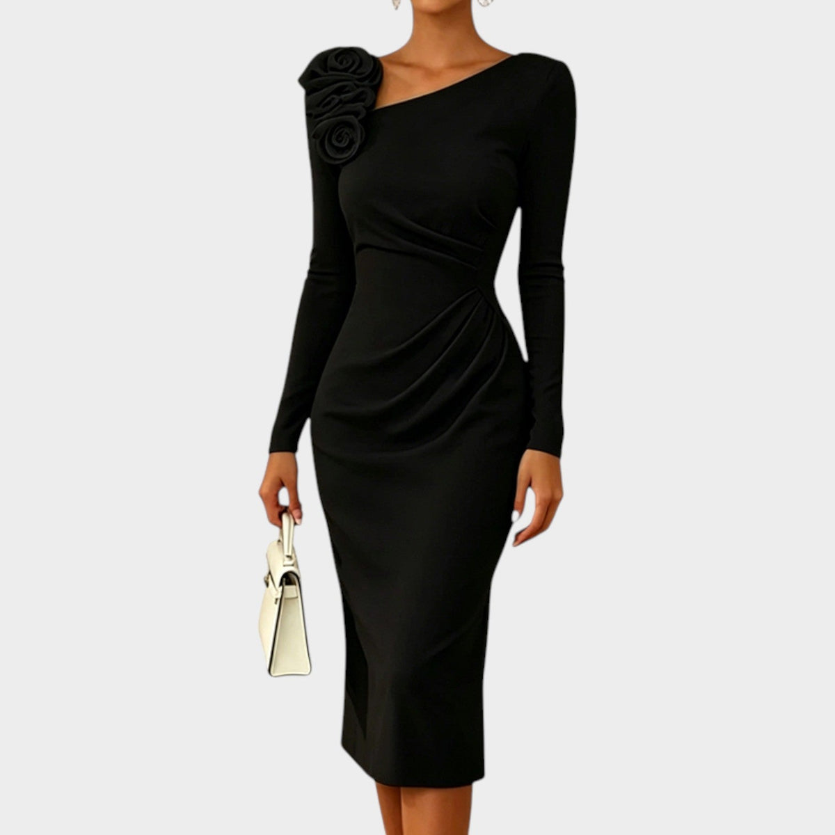 Glenys ruched midi dress with 3D rose detail in black, front view