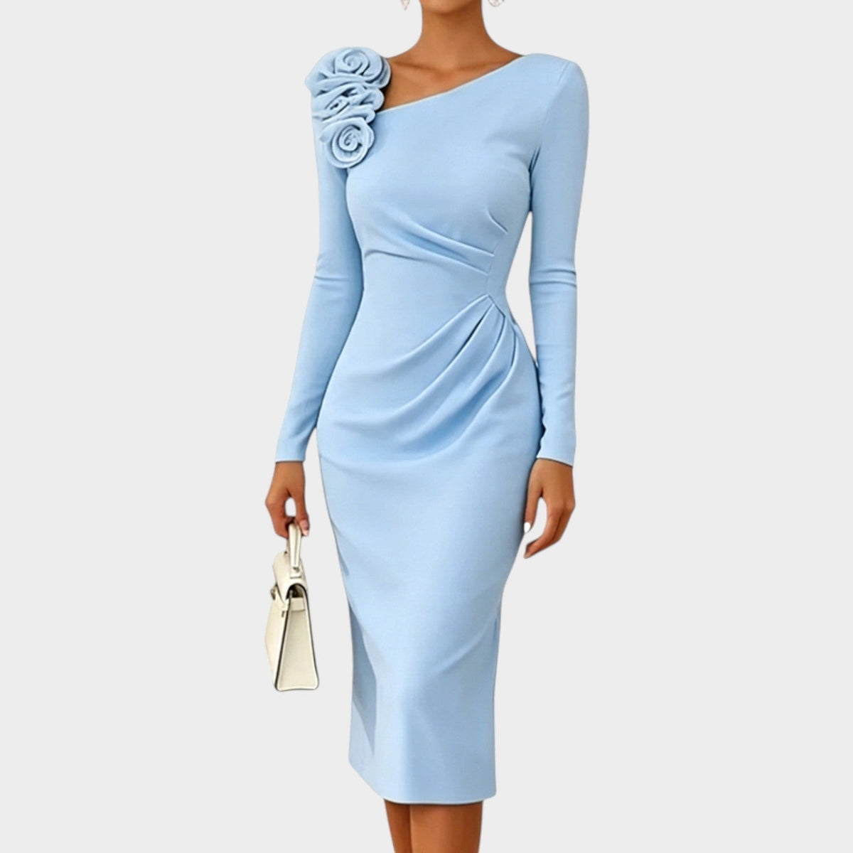 Glenys ruched midi dress with 3D rose detail in light blue, front view