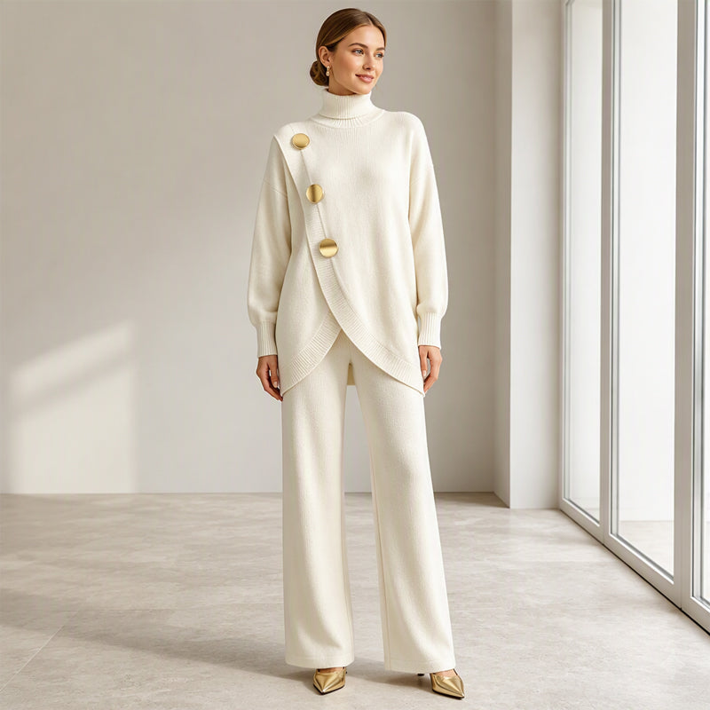 Natalie turtleneck knit set in off-white, full-length front view