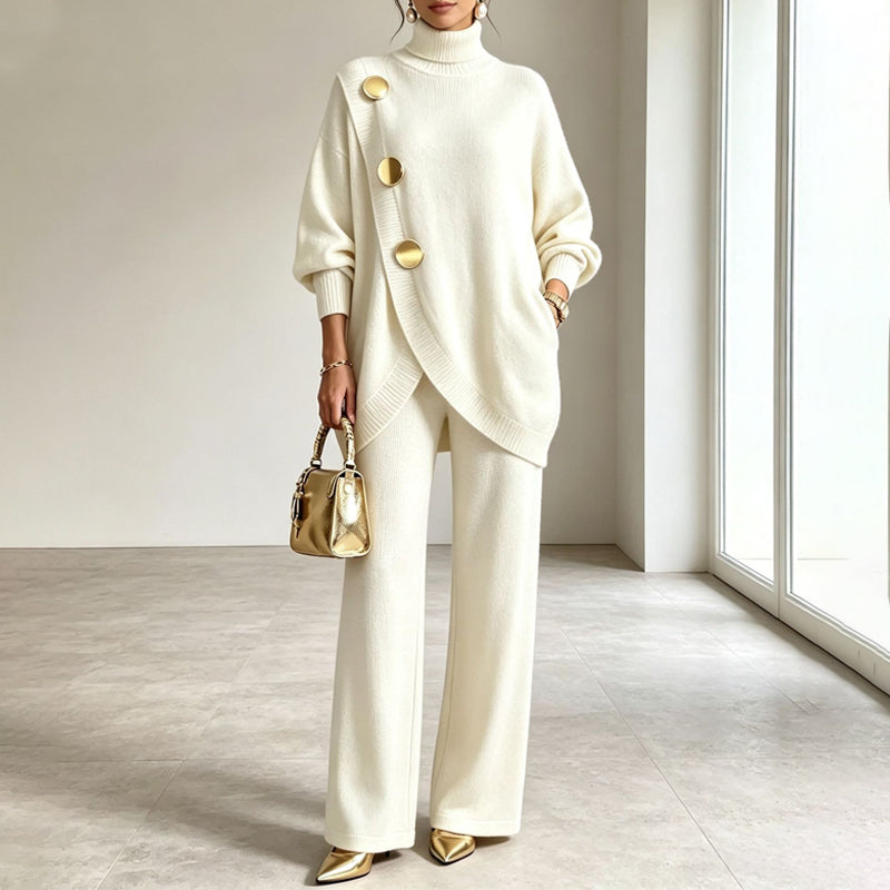 Natalie turtleneck knit set in off-white, front view with gold handbag