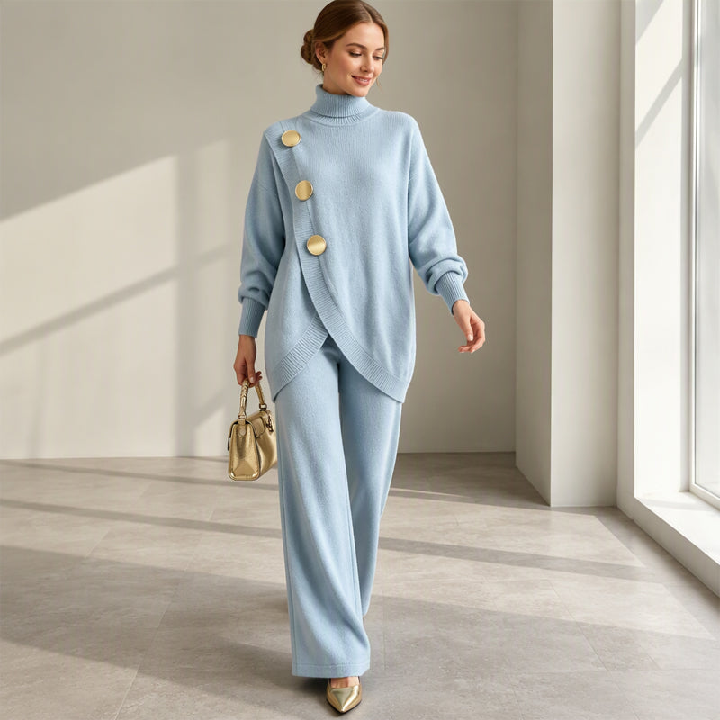 Natalie turtleneck knit set in sky blue, walking view