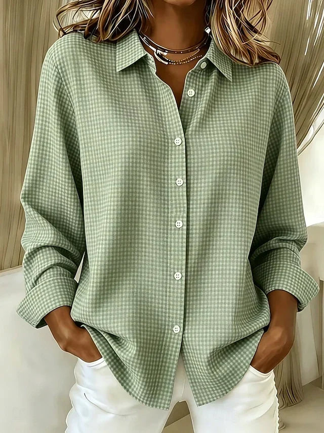 Hillrose gingham button-front blouse in sage green, front view