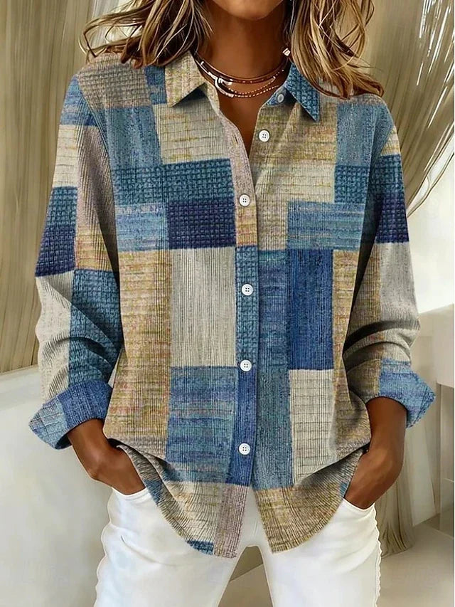 Merritt vintage patchwork blouse in blue, front view