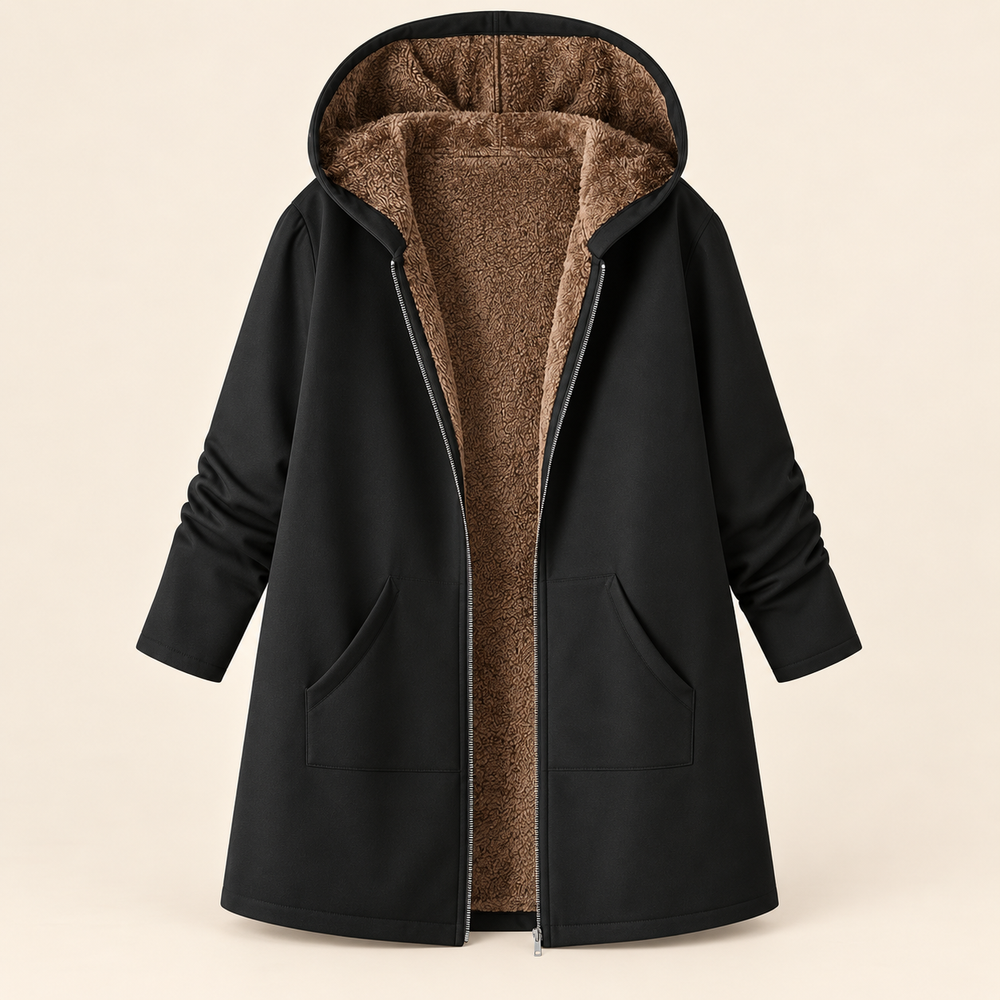 Marnie long hooded sherpa-lined coat in Black, front view showing sherpa lining