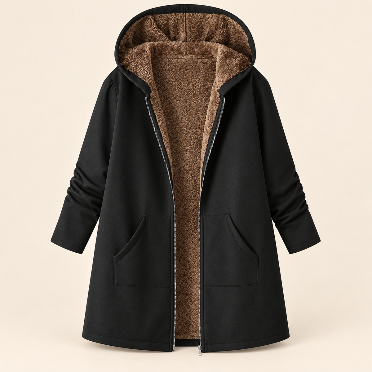Marnie long hooded sherpa-lined coat in Black, front view showing sherpa lining