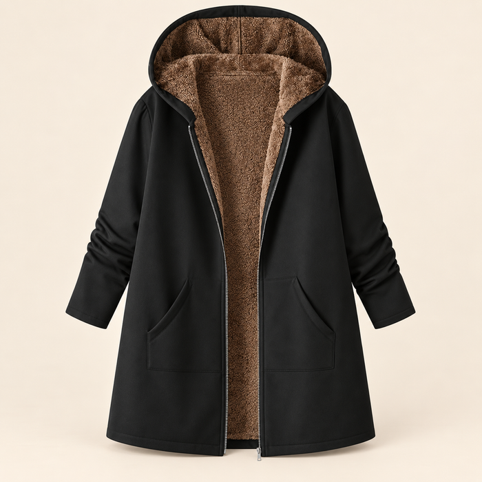 Marnie long hooded sherpa-lined coat in Black, front view showing sherpa lining