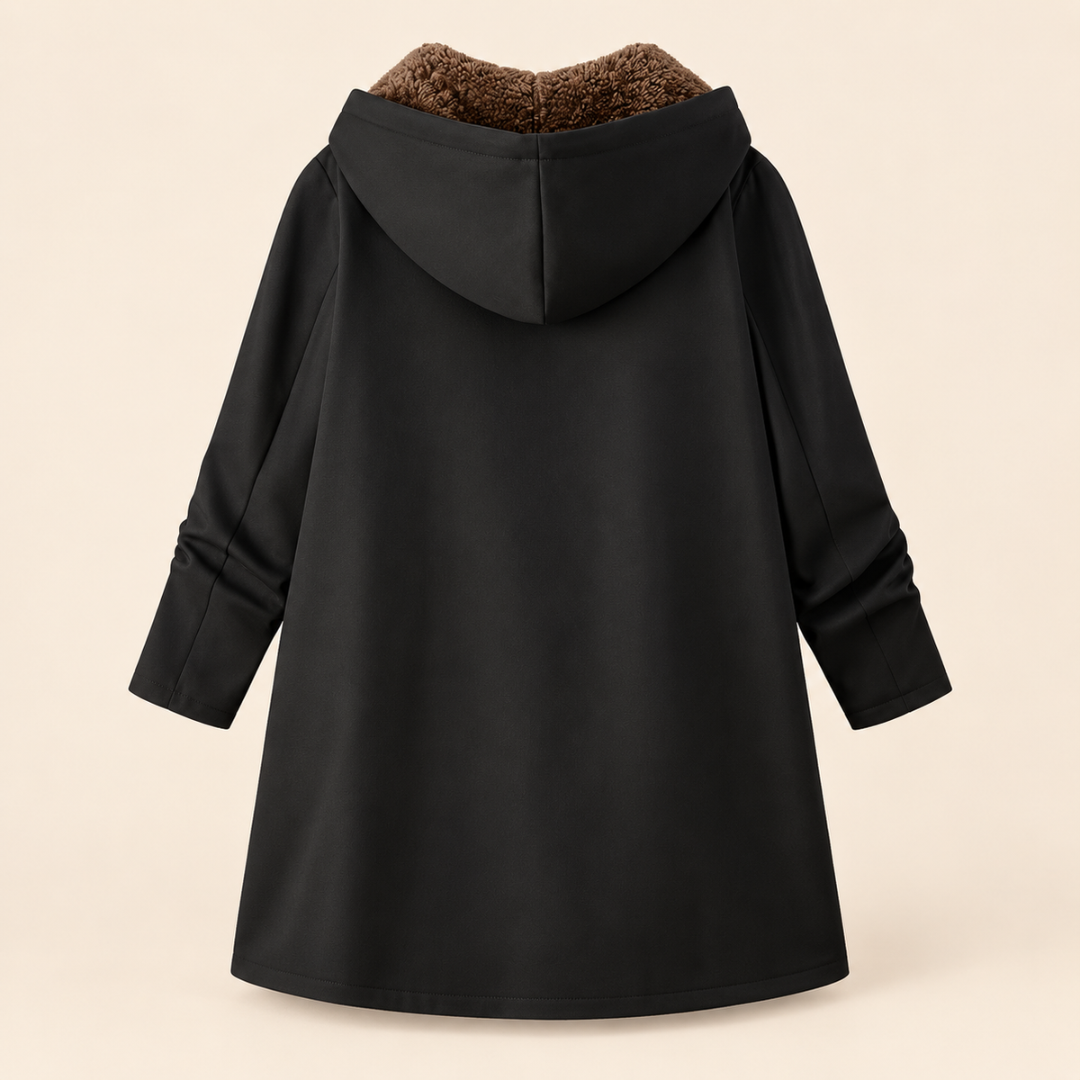 Marnie long hooded sherpa-lined coat in Black, back view