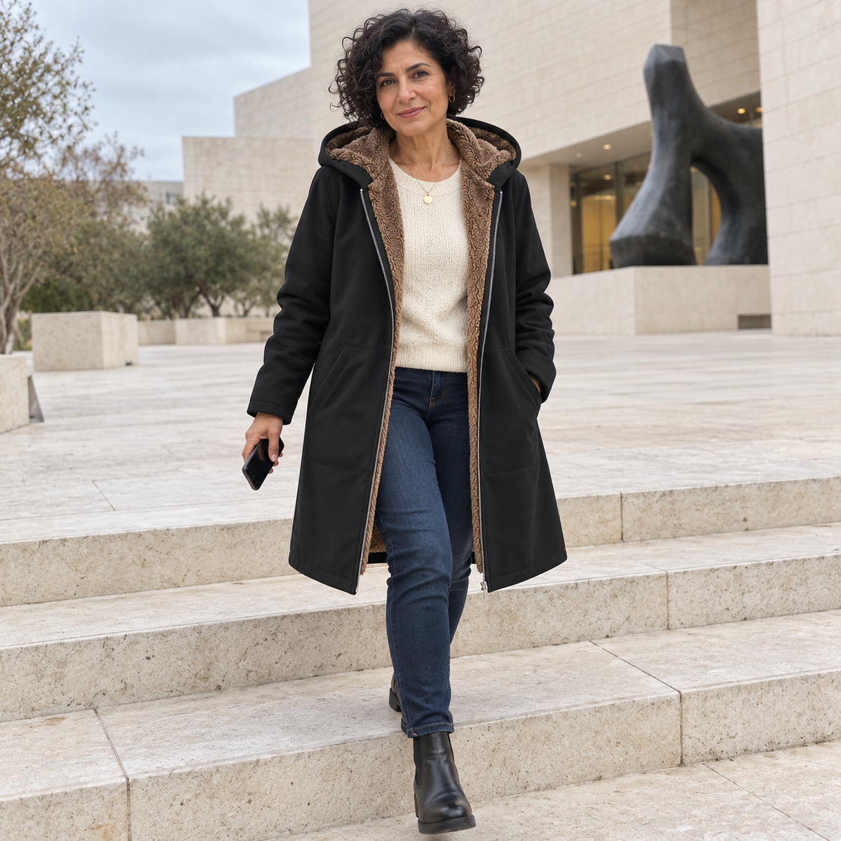 Marnie long hooded sherpa-lined coat in Black, worn by model