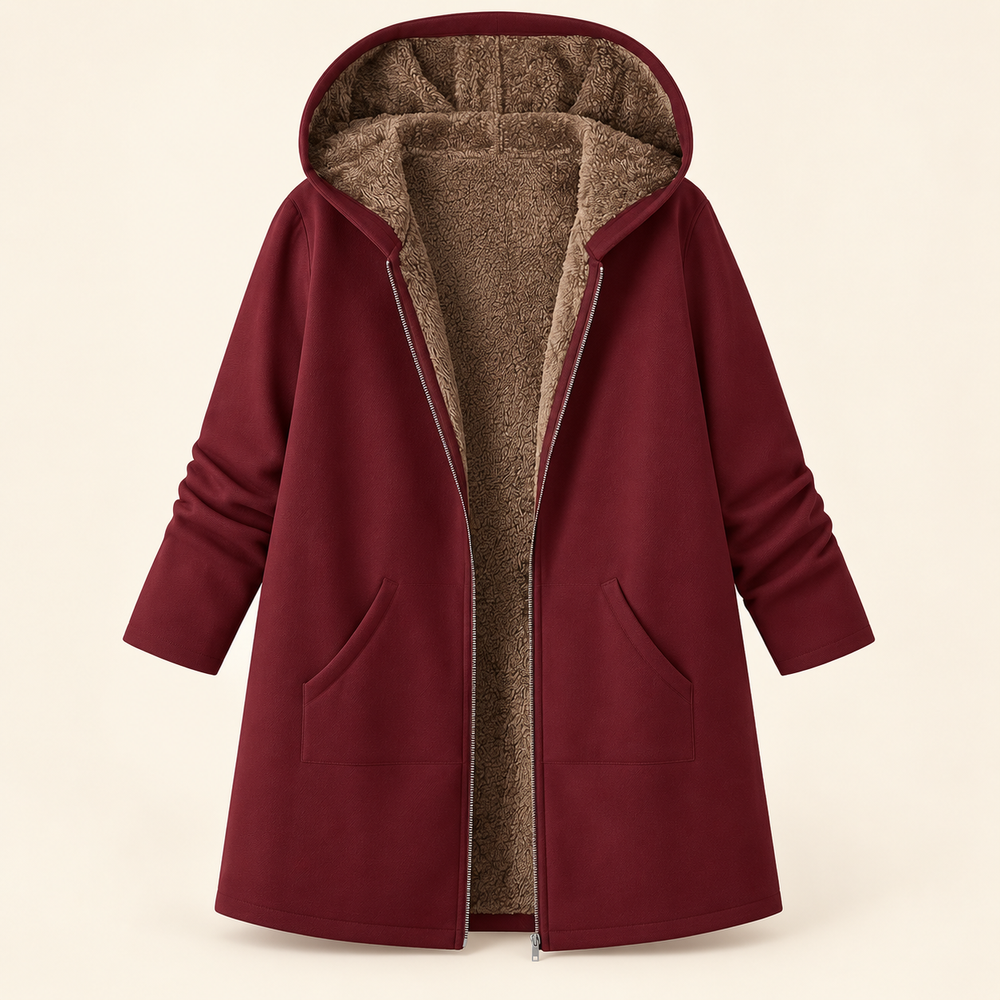 Saoirse long hooded sherpa-lined coat in Burgundy, front view showing sherpa lining